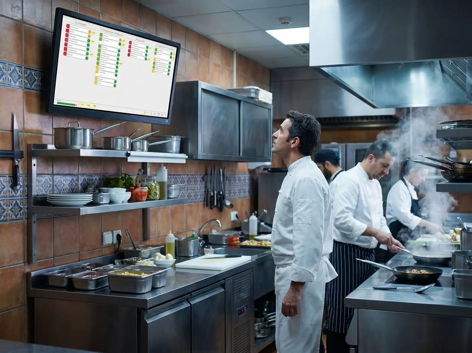 Equipo trabajando en una cocina profesional con una pantalla de producción en la pared